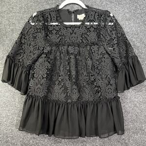 Kate Spade Black Broad Lace Ruffle Top Flutter Sleeve Blouse Size Small